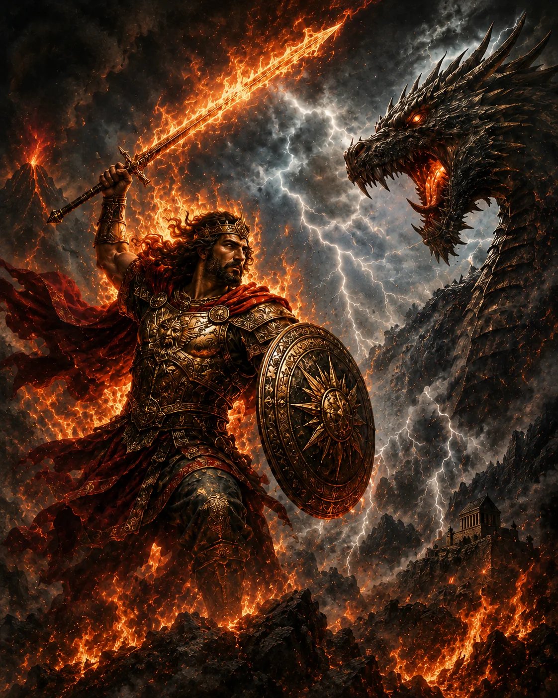 A warrior facing a fire-breathing dragon beneath a storm